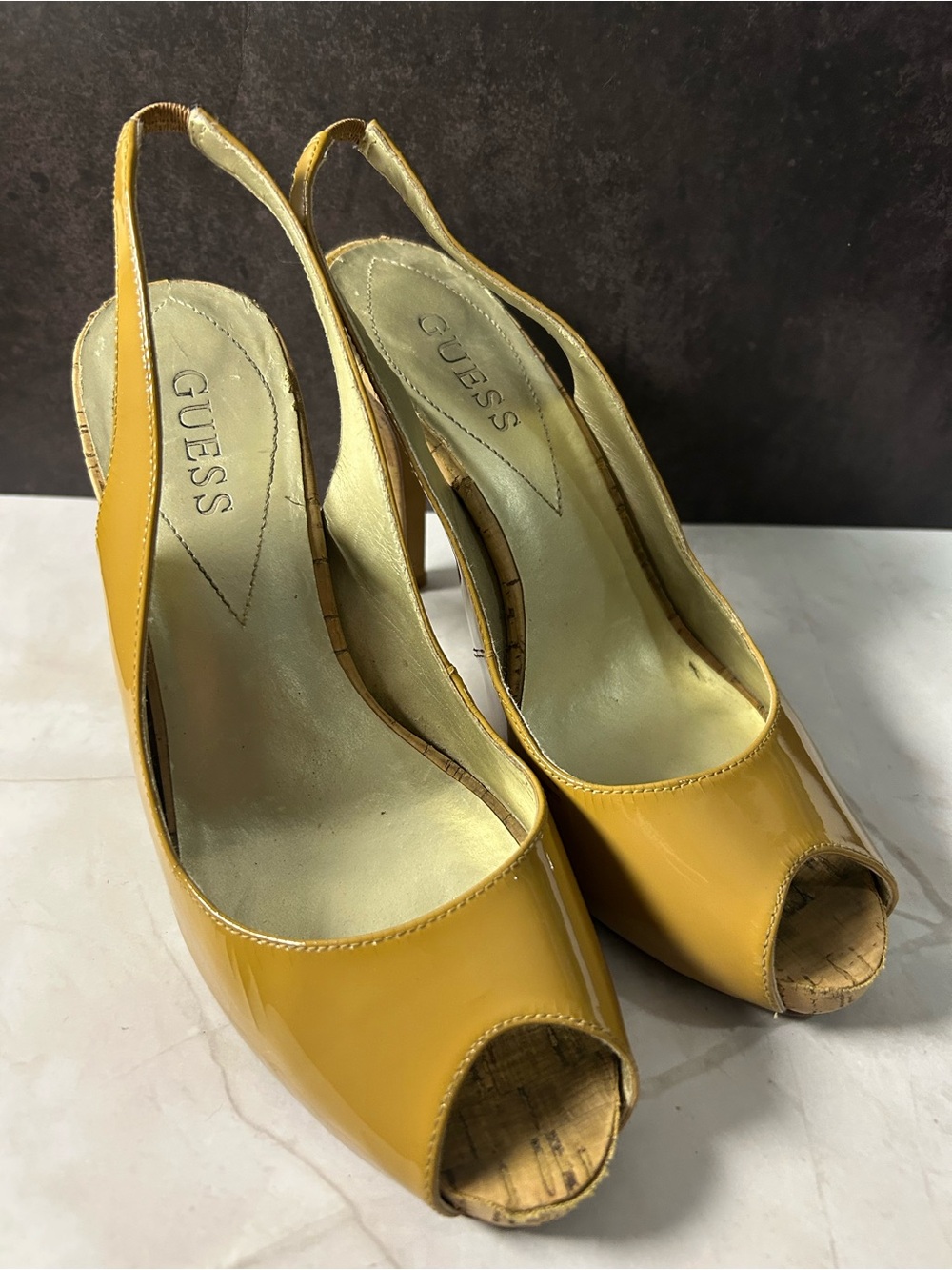 GUESS Tan Patent Peep-Toe Slingback Heels